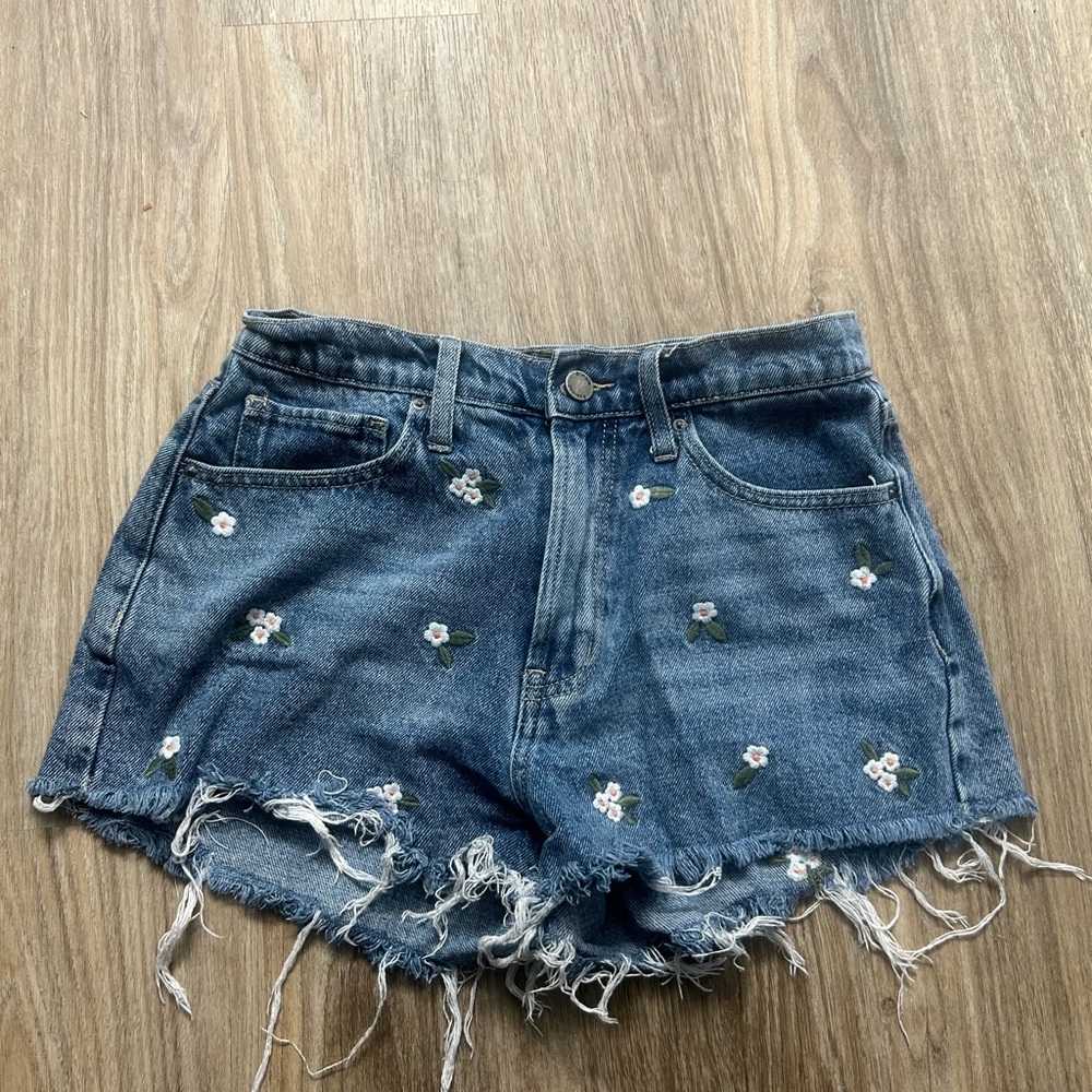 Floral Embroidered Blue Jean Shorts